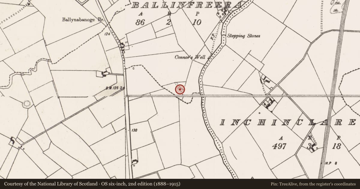 Ordnance Survey six-inch map, 2nd edition (1888–1915) covering the location of Watercourse, Ballinfreera, County Limerick, with a pin at the register's coordinates