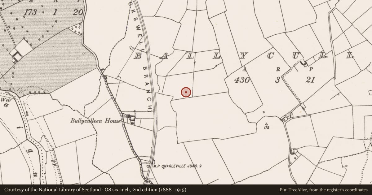 Ordnance Survey six-inch map, 2nd edition (1888–1915) covering the location of Earthwork, Ballyculleen, County Limerick, with a pin at the register's coordinates