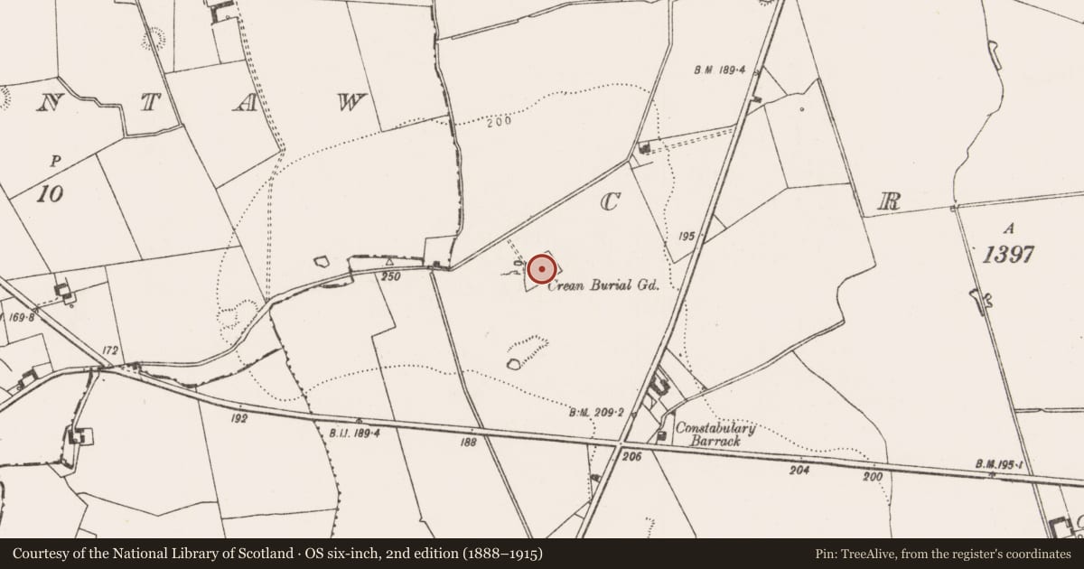 Ordnance Survey six-inch map, 2nd edition (1888–1915) covering the location of Church, Crean, County Limerick, with a pin at the register's coordinates