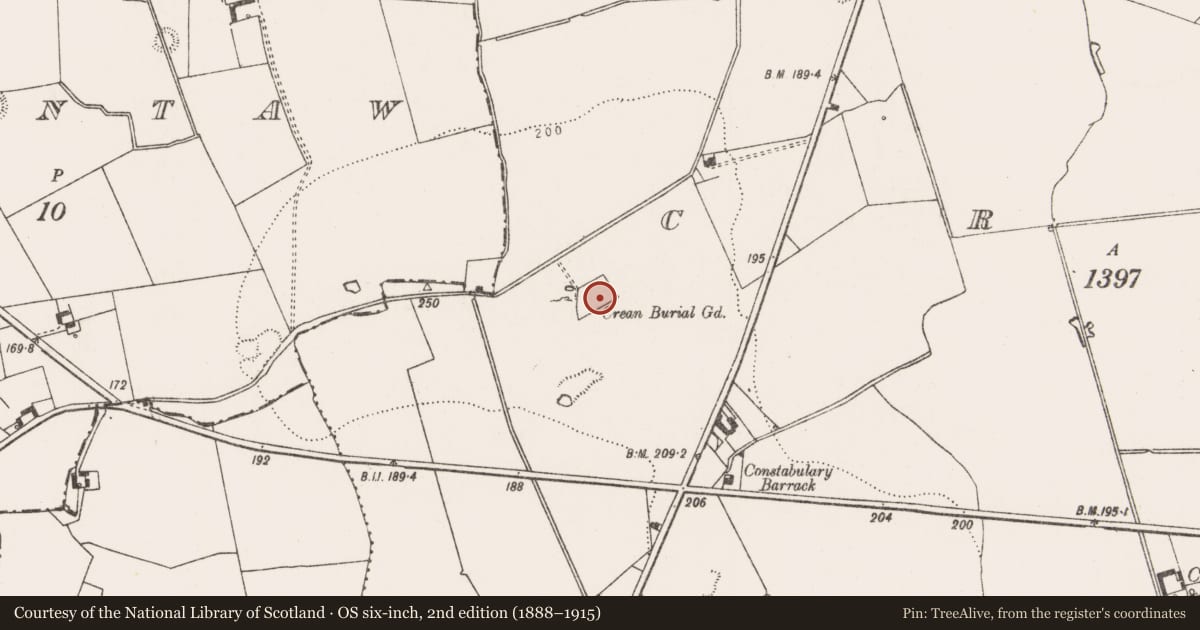 Ordnance Survey six-inch map, 2nd edition (1888–1915) covering the location of Graveyard, Crean, County Limerick, with a pin at the register's coordinates