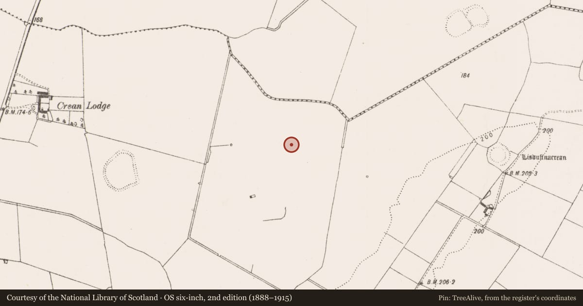 Ordnance Survey six-inch map, 2nd edition (1888–1915) covering the location of Earthwork, Crean, County Limerick, with a pin at the register's coordinates