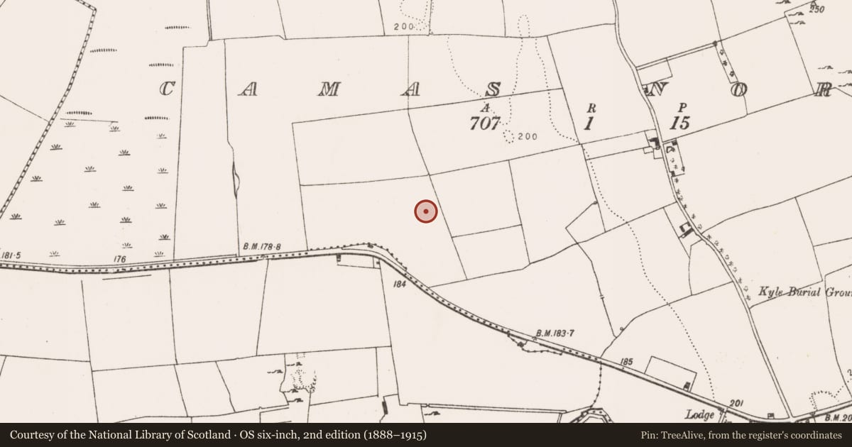Ordnance Survey six-inch map, 2nd edition (1888–1915) covering the location of Earthwork, Camas North, County Limerick, with a pin at the register's coordinates