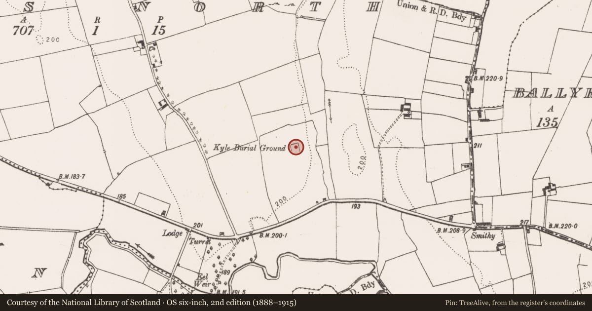 Ordnance Survey six-inch map, 2nd edition (1888–1915) covering the location of Church, Camas North, County Limerick, with a pin at the register's coordinates