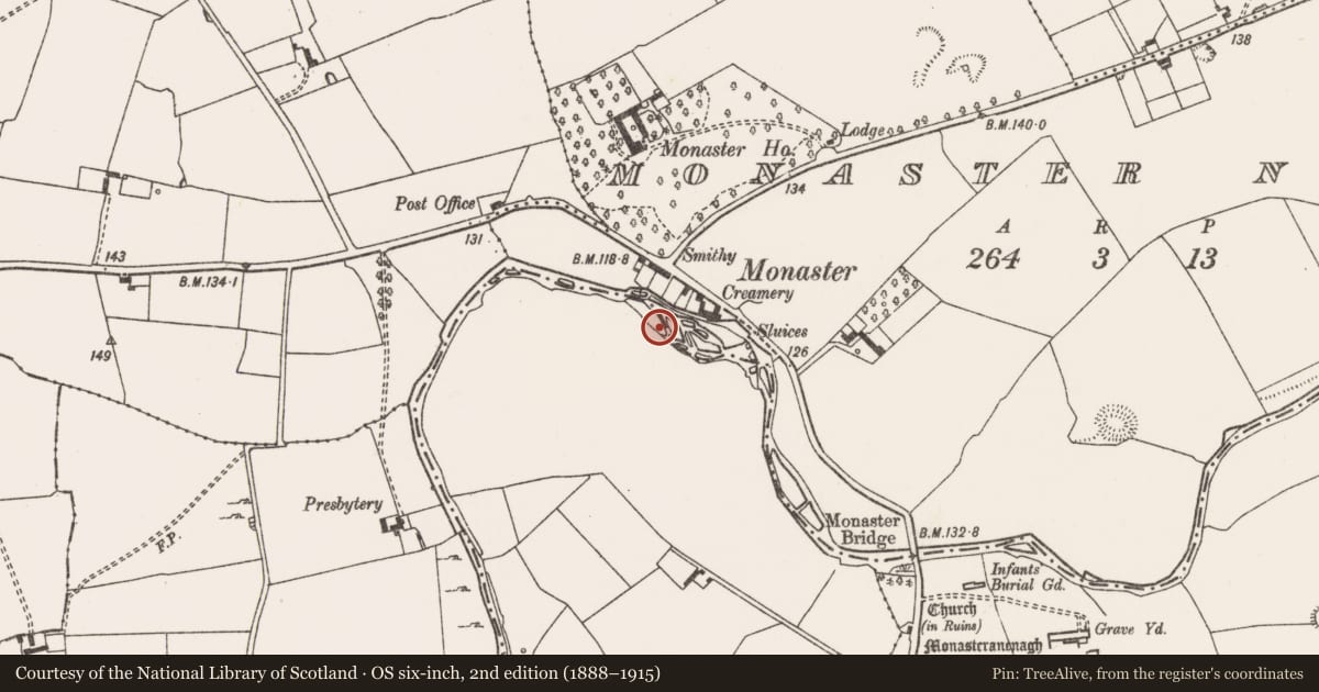 Ordnance Survey six-inch map, 2nd edition (1888–1915) covering the location of Weir - fish, Ballymacsradeen East, County Limerick, with a pin at the register's coordinates