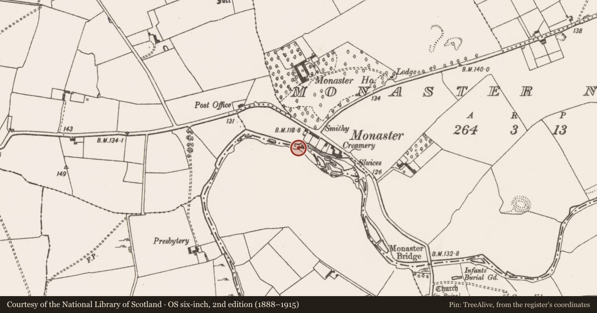 Ordnance Survey six-inch map, 2nd edition (1888–1915) covering the location of Weir - fish, Monaster North, County Limerick, with a pin at the register's coordinates