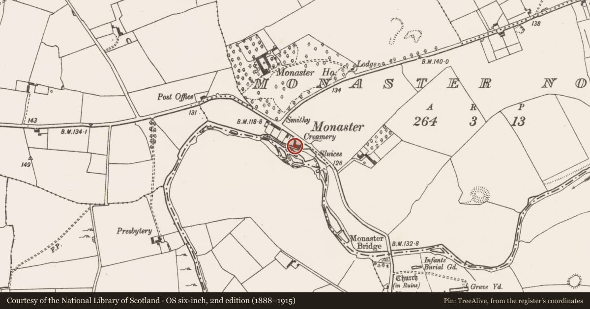 Ordnance Survey six-inch map, 2nd edition (1888–1915) covering the location of Water mill - unclassified, Monaster North, County Limerick, with a pin at the register's coordinates