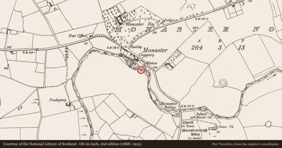 Ordnance Survey six-inch map, 2nd edition (1888–1915) covering the location of Weir - fish, Ballymacsradeen East, County Limerick, with a pin at the register's coordinates