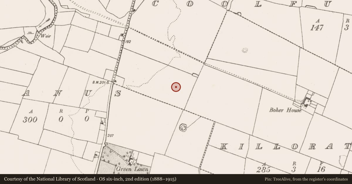 Ordnance Survey six-inch map, 2nd edition (1888–1915) covering the location of Earthwork, Killorath, County Limerick, with a pin at the register's coordinates