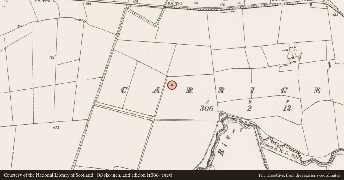 Ordnance Survey six-inch map, 2nd edition (1888–1915) covering the location of Barrow - ring-barrow, Carrigeen, County Limerick, with a pin at the register's coordinates