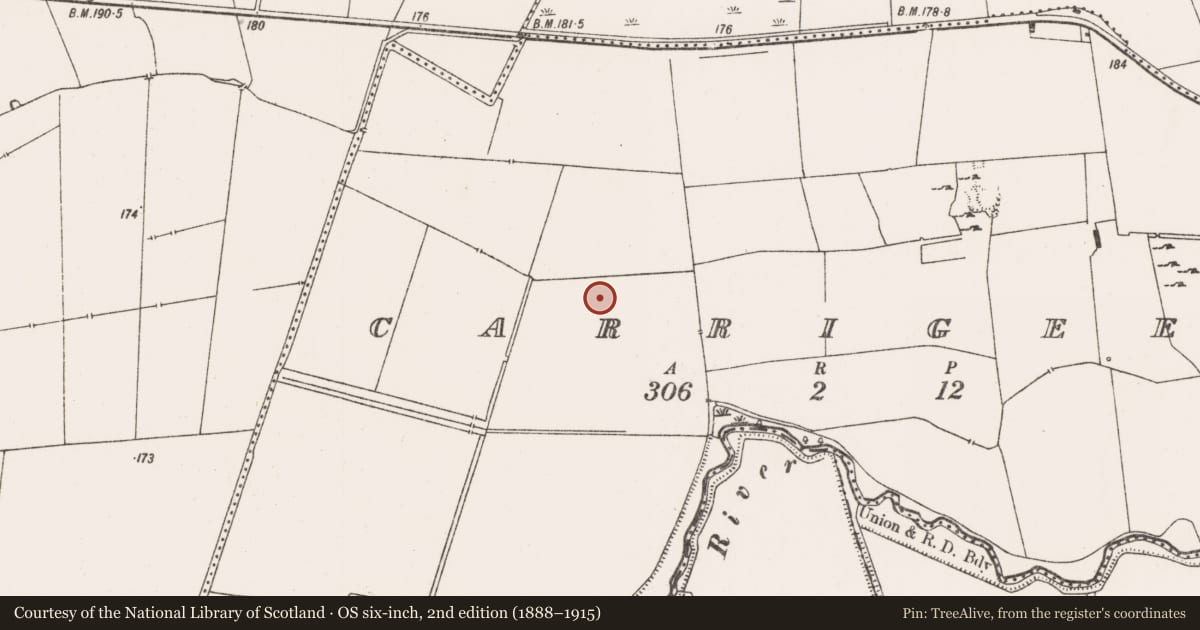 Ordnance Survey six-inch map, 2nd edition (1888–1915) covering the location of Barrow - ring-barrow, Carrigeen, County Limerick, with a pin at the register's coordinates