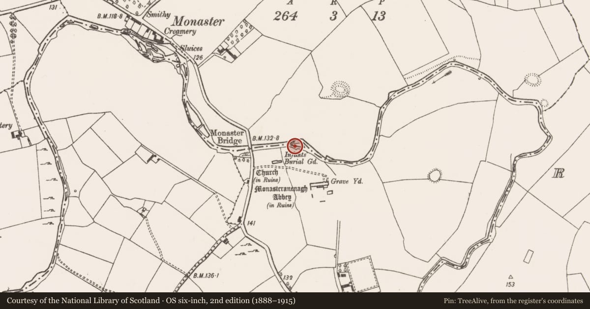 Ordnance Survey six-inch map, 2nd edition (1888–1915) covering the location of Building, Monaster South, County Limerick, with a pin at the register's coordinates
