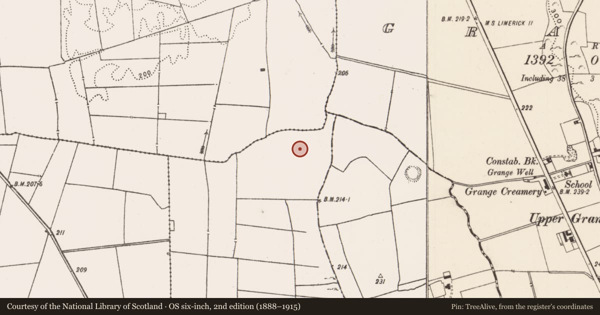 Ordnance Survey six-inch map, 2nd edition (1888–1915) covering the location of Barrow - ring-barrow, Rockbarton, County Limerick, with a pin at the register's coordinates