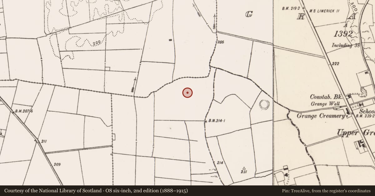 Ordnance Survey six-inch map, 2nd edition (1888–1915) covering the location of Enclosure, Rockbarton, County Limerick, with a pin at the register's coordinates