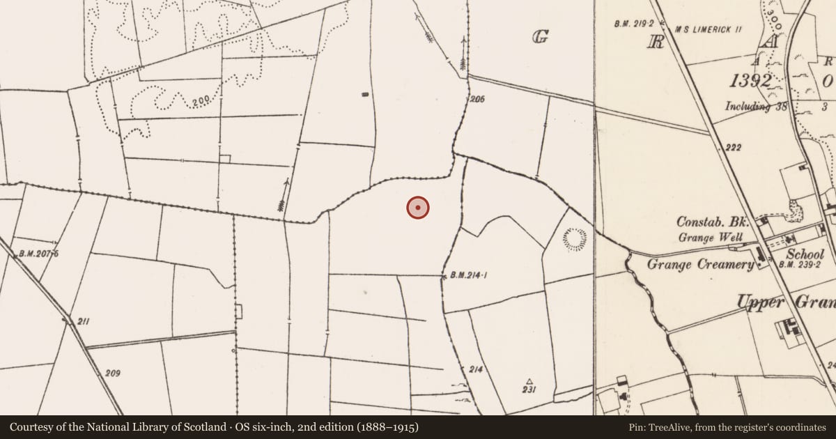 Ordnance Survey six-inch map, 2nd edition (1888–1915) covering the location of Barrow - ring-barrow, Rockbarton, County Limerick, with a pin at the register's coordinates