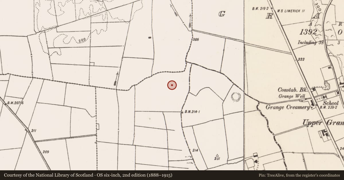 Ordnance Survey six-inch map, 2nd edition (1888–1915) covering the location of Barrow - ring-barrow, Rockbarton, County Limerick, with a pin at the register's coordinates