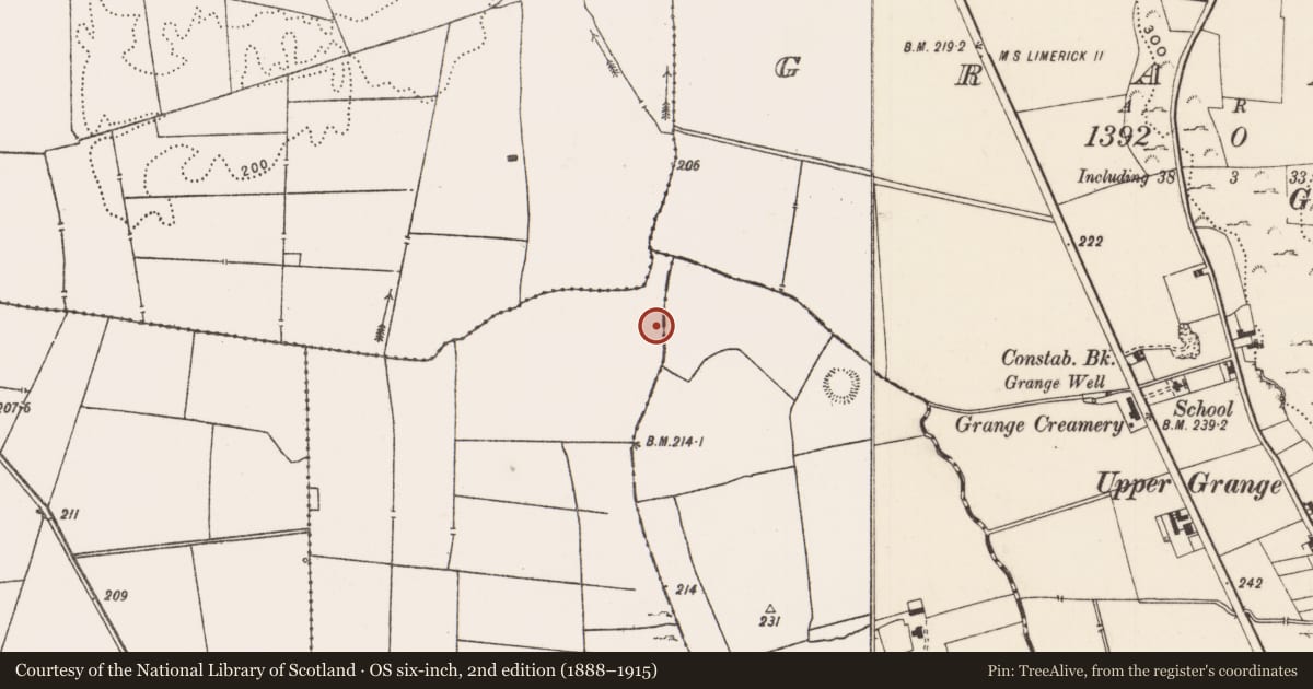 Ordnance Survey six-inch map, 2nd edition (1888–1915) covering the location of Barrow - ring-barrow, Rockbarton, County Limerick, with a pin at the register's coordinates