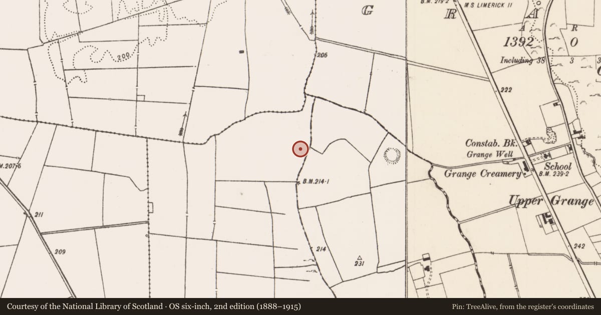 Ordnance Survey six-inch map, 2nd edition (1888–1915) covering the location of Barrow - ring-barrow, Rockbarton, County Limerick, with a pin at the register's coordinates