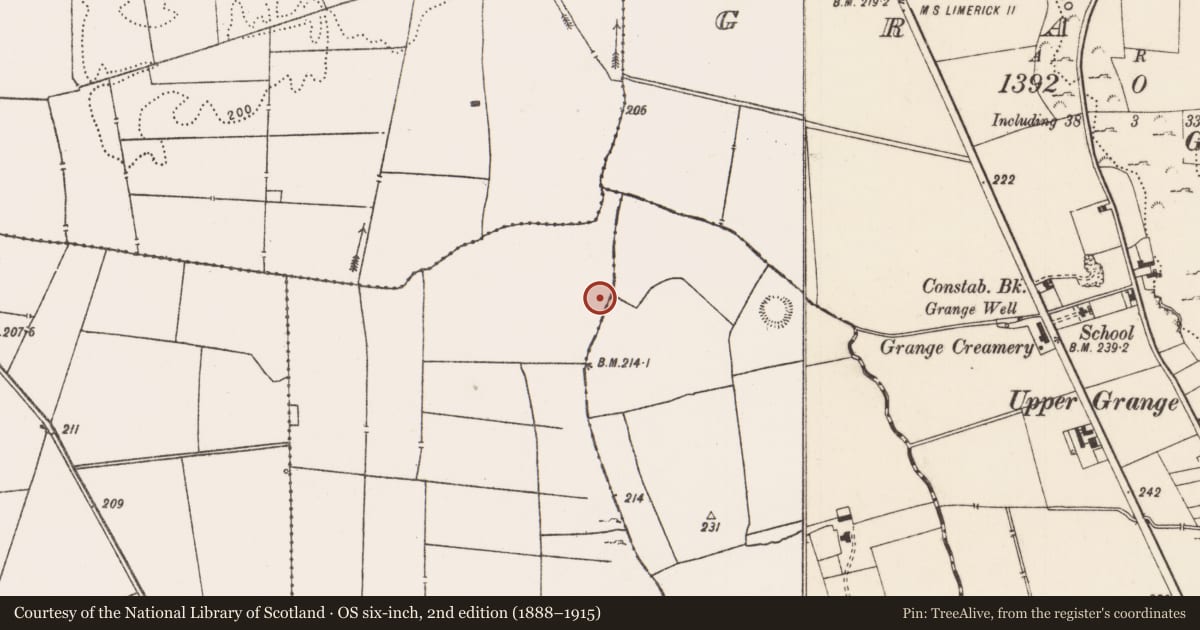 Ordnance Survey six-inch map, 2nd edition (1888–1915) covering the location of Barrow - ring-barrow, Rockbarton, County Limerick, with a pin at the register's coordinates