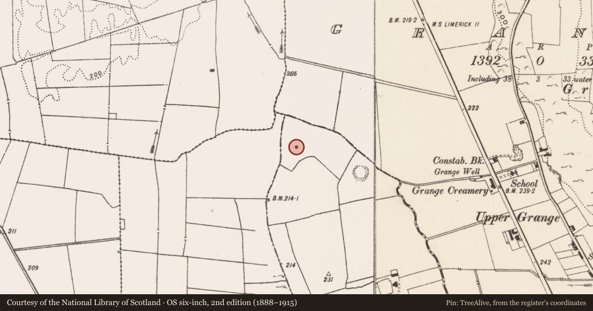 Ordnance Survey six-inch map, 2nd edition (1888–1915) covering the location of Barrow - ring-barrow, Raheen, County Limerick, with a pin at the register's coordinates
