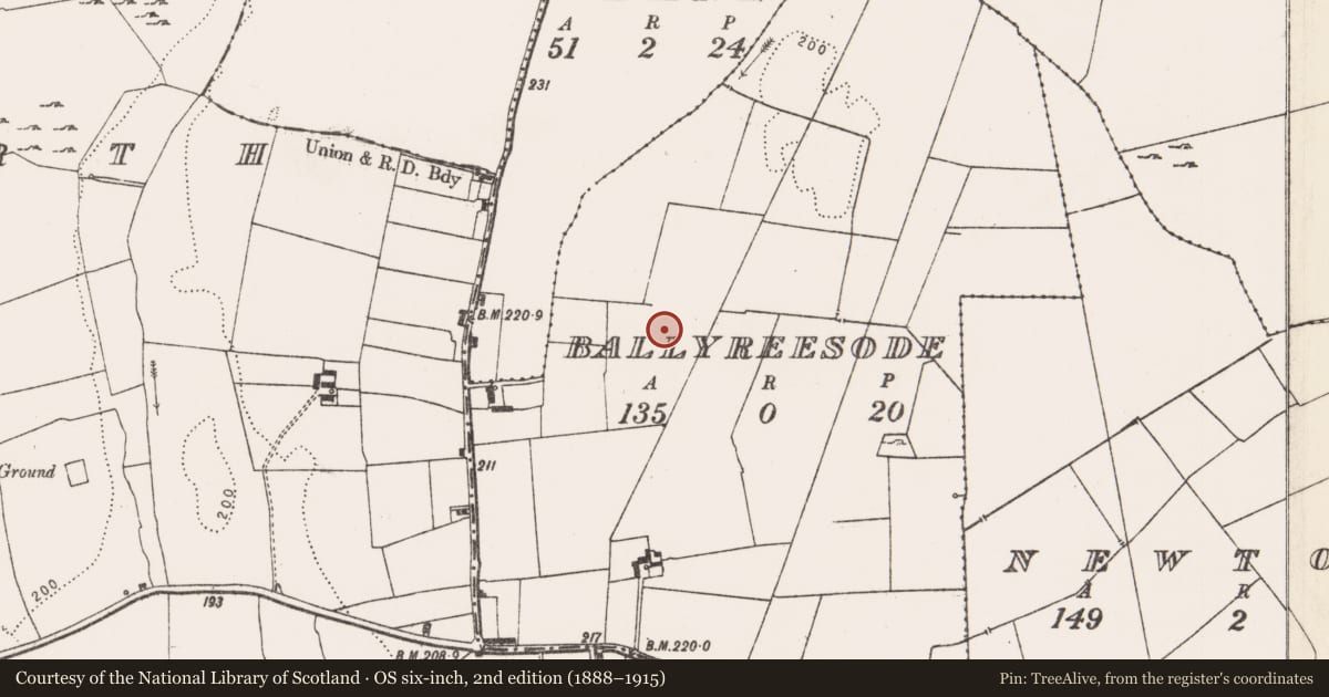 Ordnance Survey six-inch map, 2nd edition (1888–1915) covering the location of Enclosure, Ballyreesode, County Limerick, with a pin at the register's coordinates