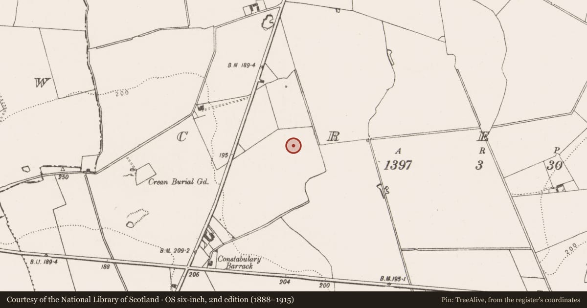 Ordnance Survey six-inch map, 2nd edition (1888–1915) covering the location of Enclosure, Crean, County Limerick, with a pin at the register's coordinates