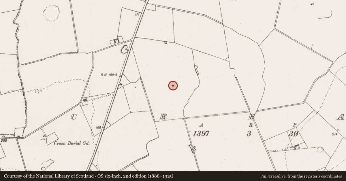 Ordnance Survey six-inch map, 2nd edition (1888–1915) covering the location of Barrow - ditch barrow, Crean, County Limerick, with a pin at the register's coordinates
