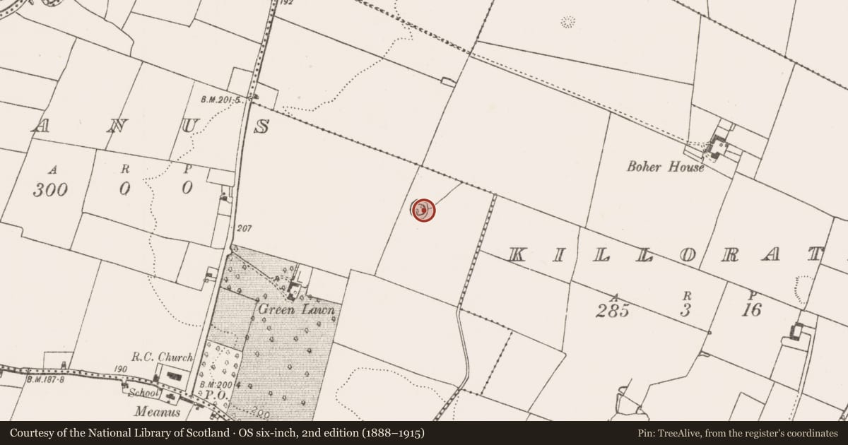 Ordnance Survey six-inch map, 2nd edition (1888–1915) covering the location of Designed landscape feature, Meanus, County Limerick, with a pin at the register's coordinates