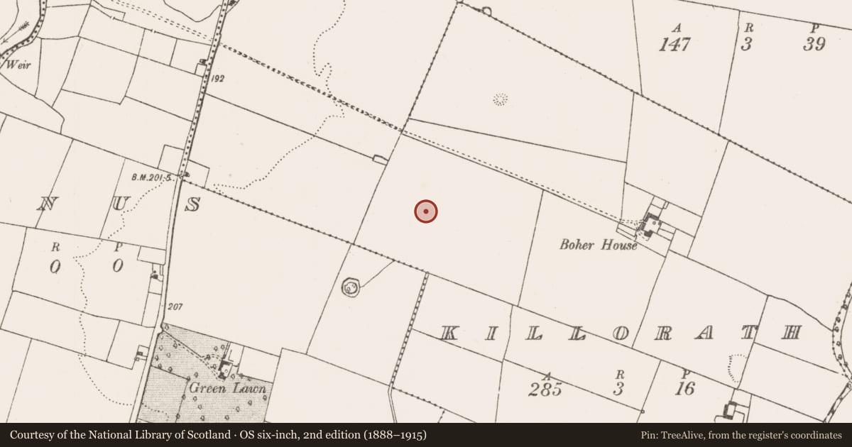 Ordnance Survey six-inch map, 2nd edition (1888–1915) covering the location of Enclosure, Killorath, County Limerick, with a pin at the register's coordinates