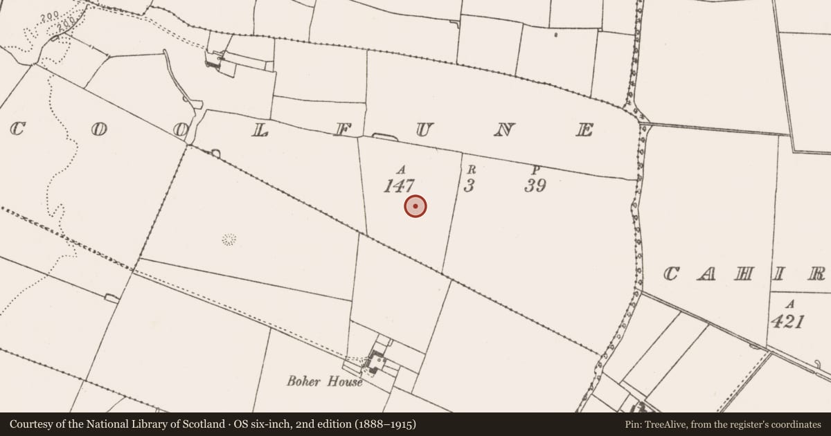 Ordnance Survey six-inch map, 2nd edition (1888–1915) covering the location of Enclosure, Coolfune, County Limerick, with a pin at the register's coordinates