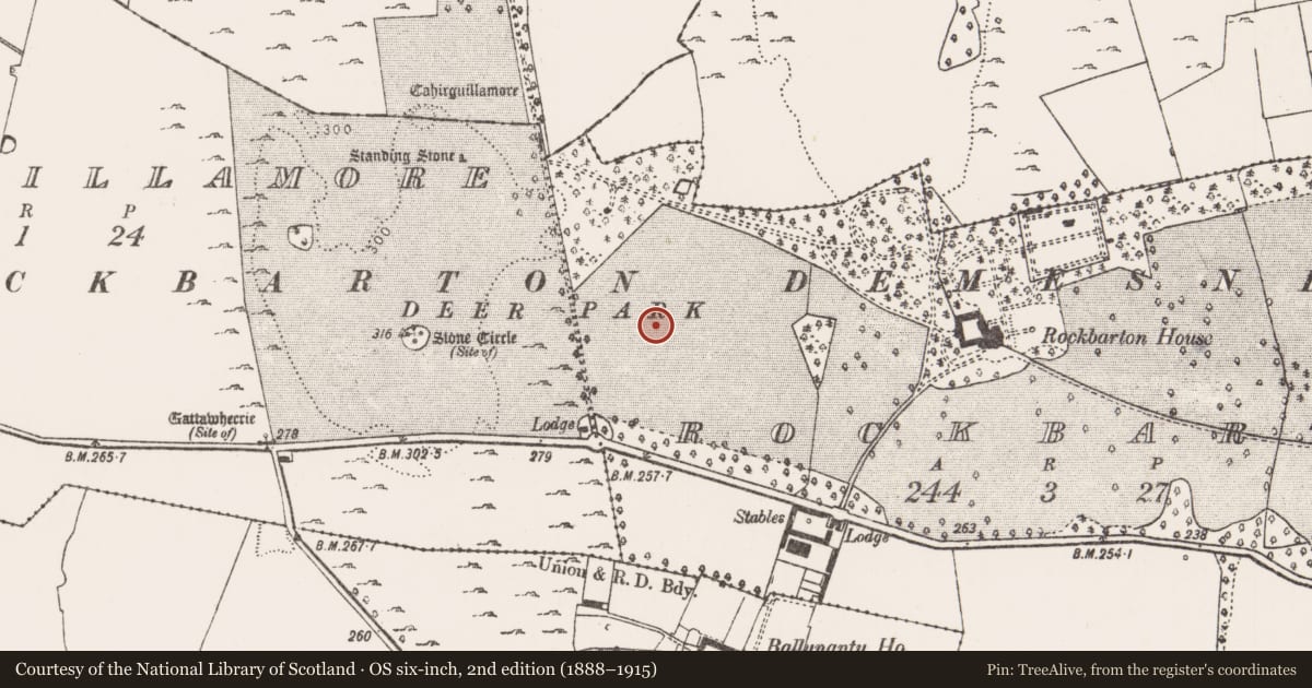 Ordnance Survey six-inch map, 2nd edition (1888–1915) covering the location of Enclosure, Rockbarton, County Limerick, with a pin at the register's coordinates