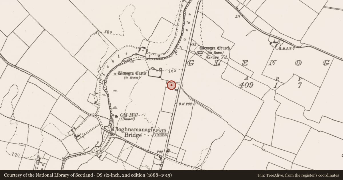 Ordnance Survey six-inch map, 2nd edition (1888–1915) covering the location of Barrow - ring-barrow, Glenogra, County Limerick, with a pin at the register's coordinates