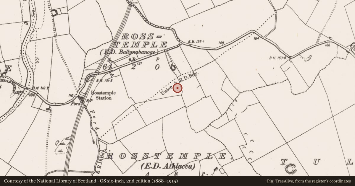 Ordnance Survey six-inch map, 2nd edition (1888–1915) covering the location of Excavation - miscellaneous, Rosstemple, County Limerick, with a pin at the register's coordinates