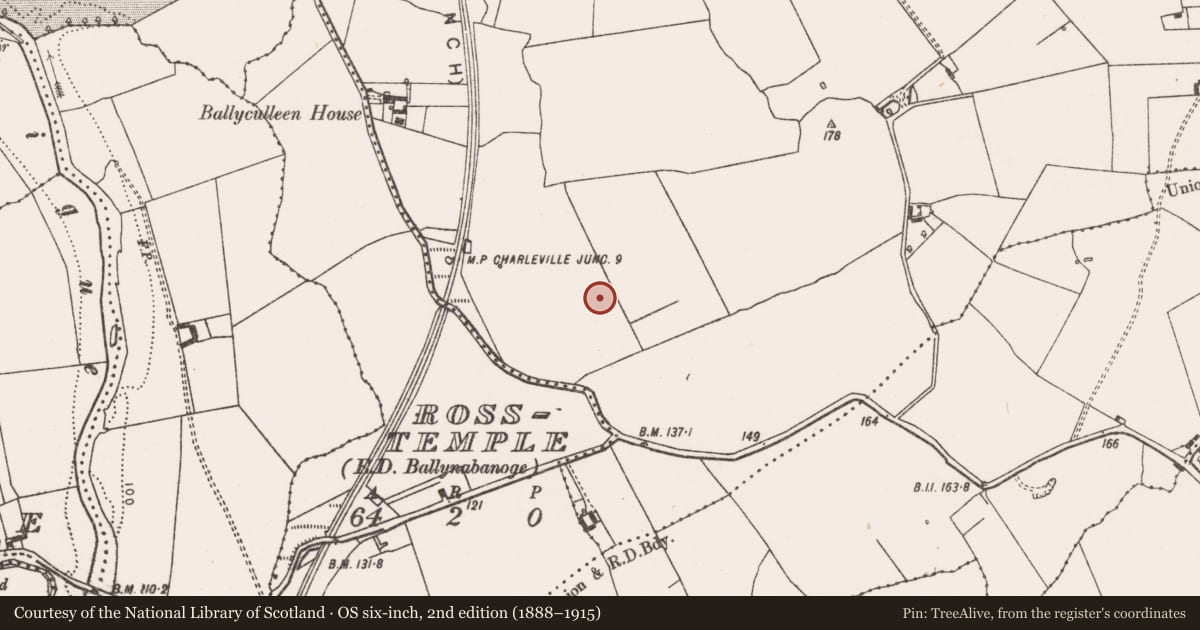 Ordnance Survey six-inch map, 2nd edition (1888–1915) covering the location of Barrow - ditch barrow, Ballyculleen, County Limerick, with a pin at the register's coordinates