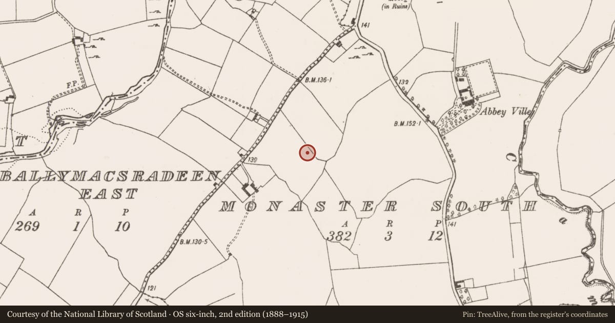 Ordnance Survey six-inch map, 2nd edition (1888–1915) covering the location of Barrow - unclassified, Monaster South, County Limerick, with a pin at the register's coordinates
