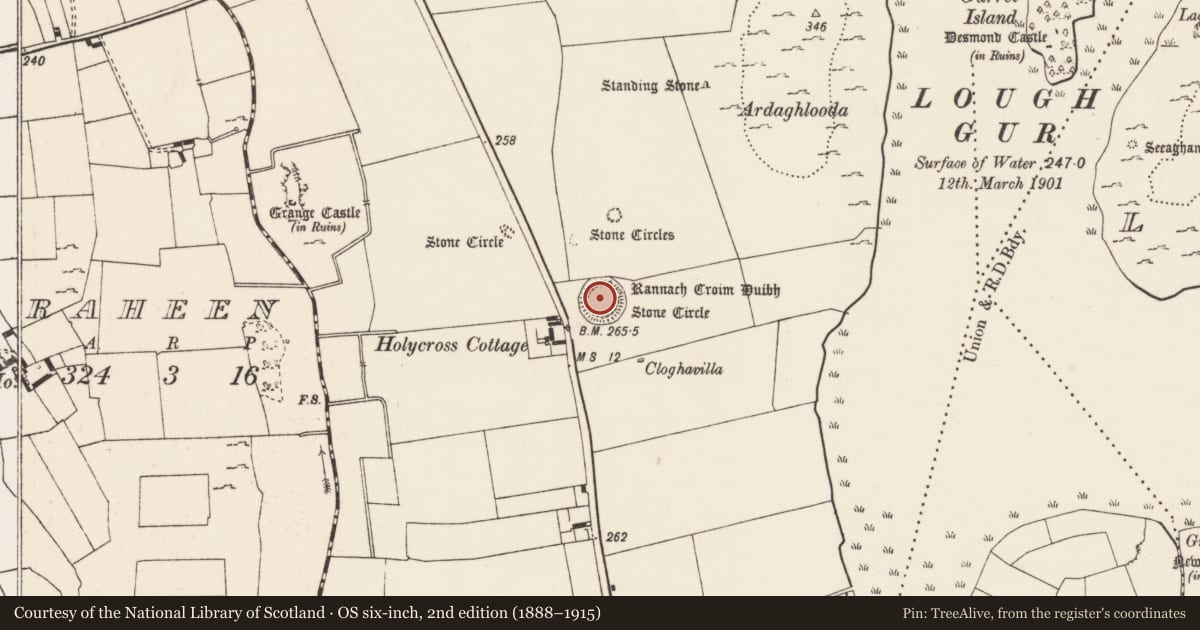Ordnance Survey six-inch map, 2nd edition (1888–1915) covering the location of Stone circle - embanked, Grange, County Limerick, with a pin at the register's coordinates