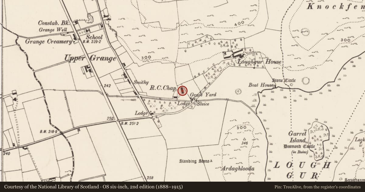 Ordnance Survey six-inch map, 2nd edition (1888–1915) covering the location of Church, Grange, County Limerick, with a pin at the register's coordinates