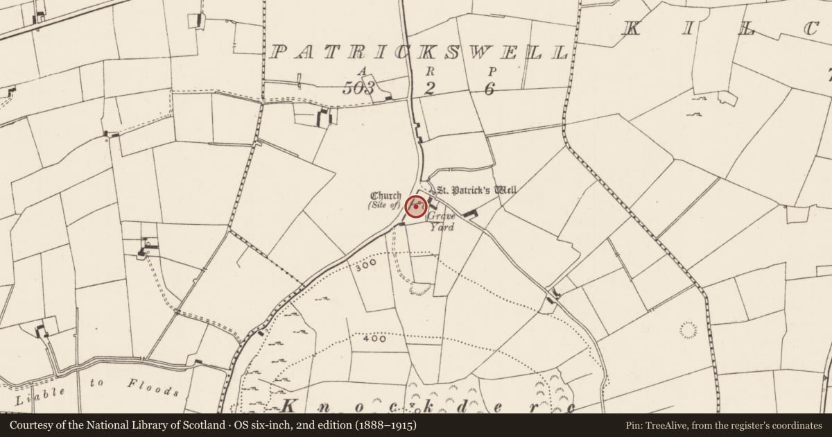 Ordnance Survey six-inch map, 2nd edition (1888–1915) covering the location of Church, Patrickswell, County Limerick, with a pin at the register's coordinates
