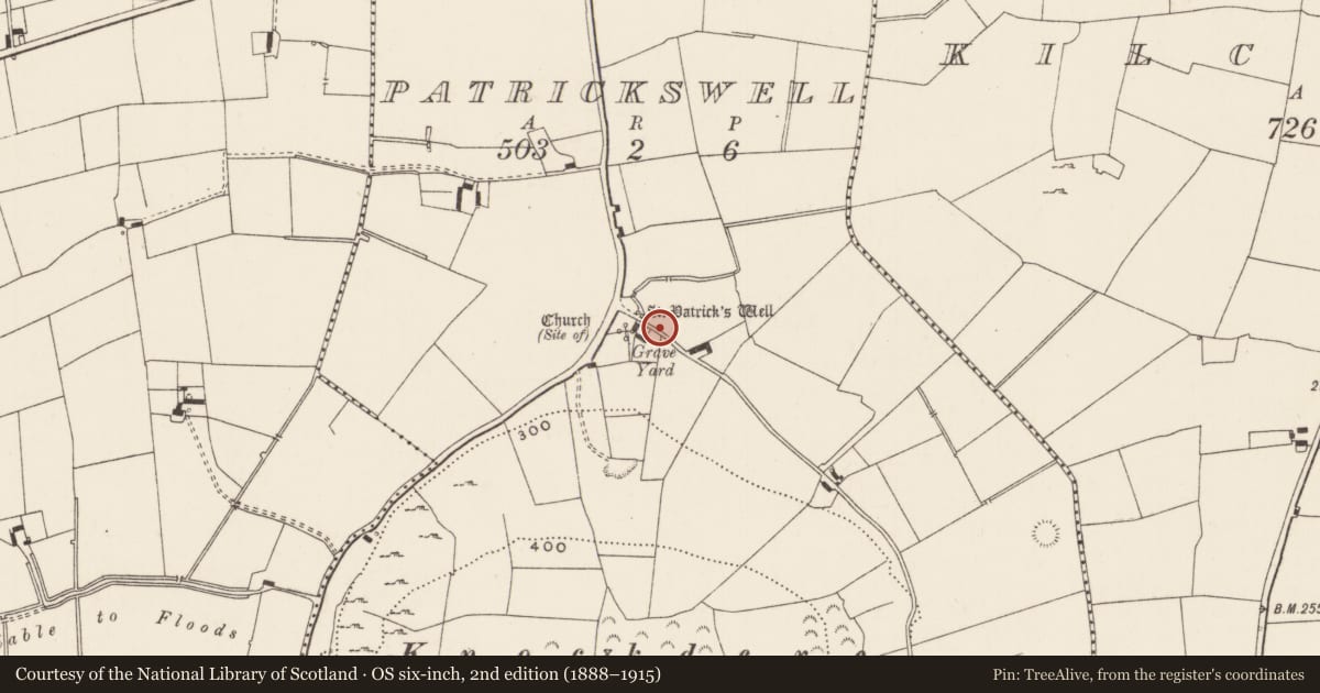Ordnance Survey six-inch map, 2nd edition (1888–1915) covering the location of Burial mound, Patrickswell, County Limerick, with a pin at the register's coordinates