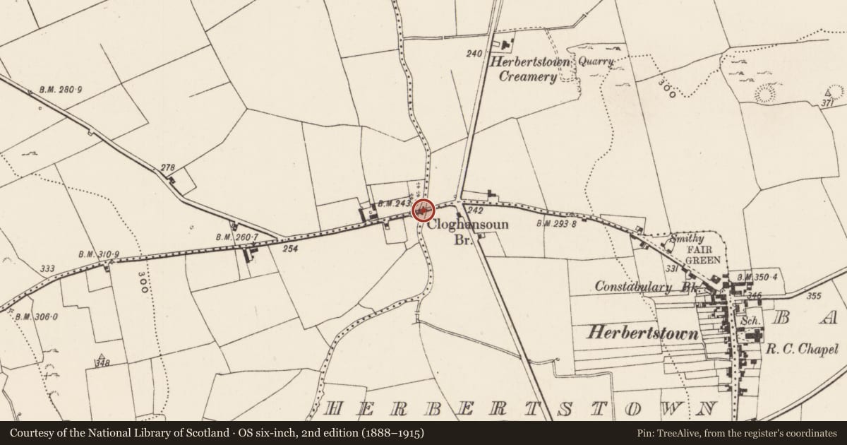 Ordnance Survey six-inch map, 2nd edition (1888–1915) covering the location of Bridge, Ballinard, County Limerick, with a pin at the register's coordinates