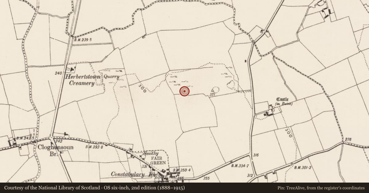 Ordnance Survey six-inch map, 2nd edition (1888–1915) covering the location of Ringfort - cashel, Ballinard, County Limerick, with a pin at the register's coordinates