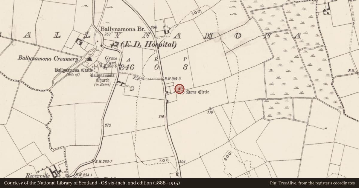 Ordnance Survey six-inch map, 2nd edition (1888–1915) covering the location of Stone circle, Ballynamona, County Limerick, with a pin at the register's coordinates