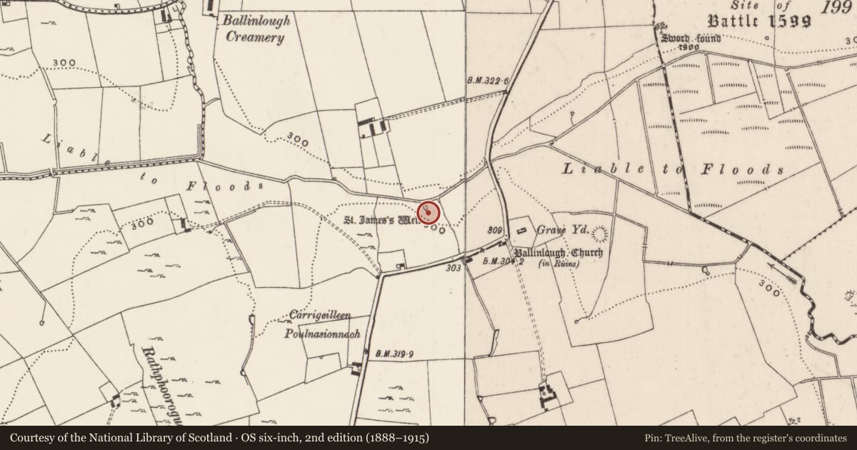 Ordnance Survey six-inch map, 2nd edition (1888–1915) covering the location of Ritual site - holy well, Ballinlough, County Limerick, with a pin at the register's coordinates
