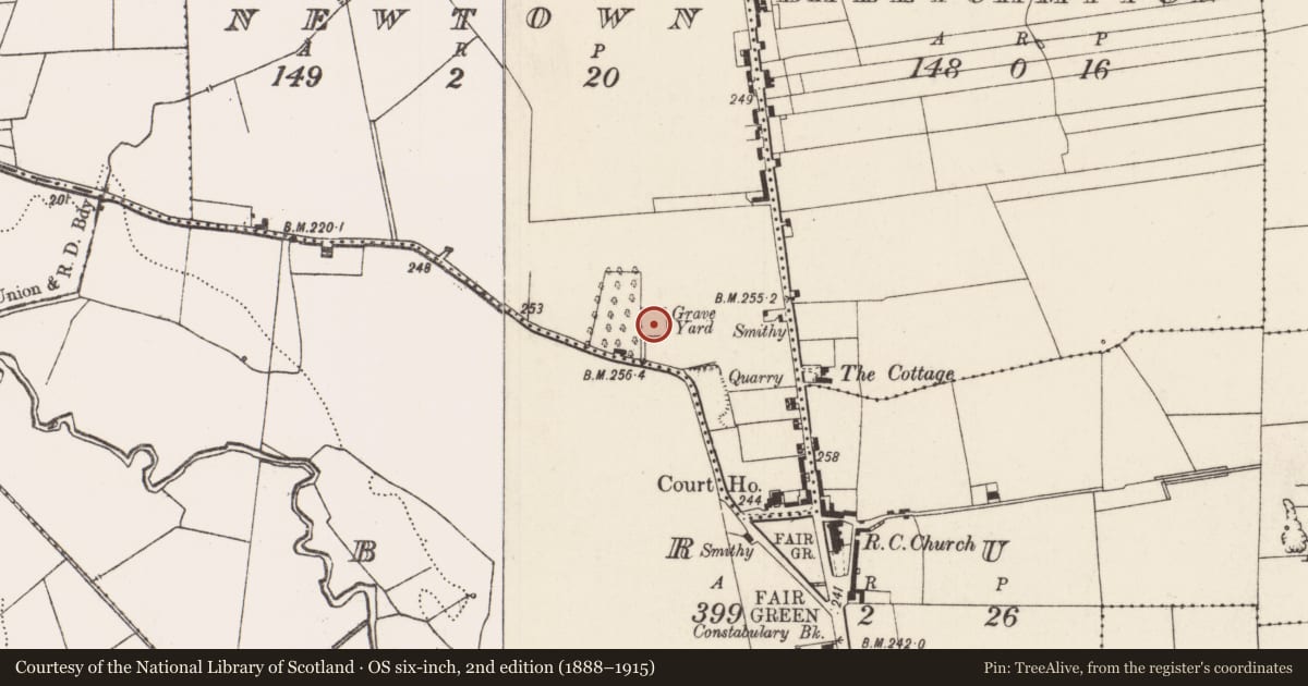 Ordnance Survey six-inch map, 2nd edition (1888–1915) covering the location of Graveyard, Newtown, County Limerick, with a pin at the register's coordinates
