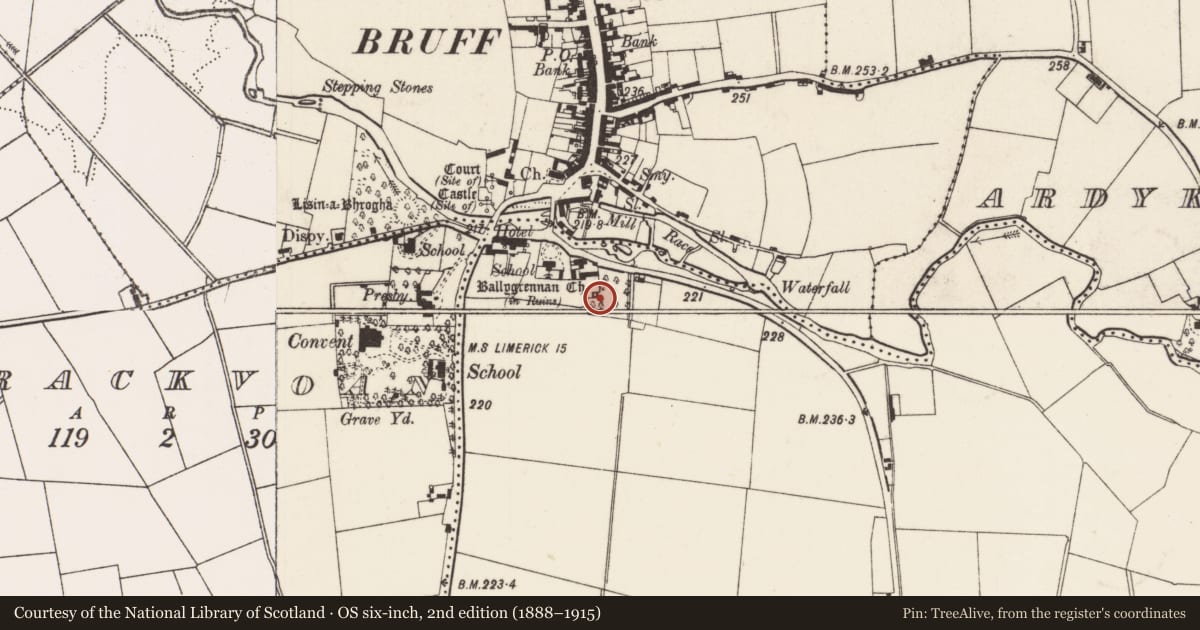 Ordnance Survey six-inch map, 2nd edition (1888–1915) covering the location of Church, Ballygrennan, County Limerick, with a pin at the register's coordinates
