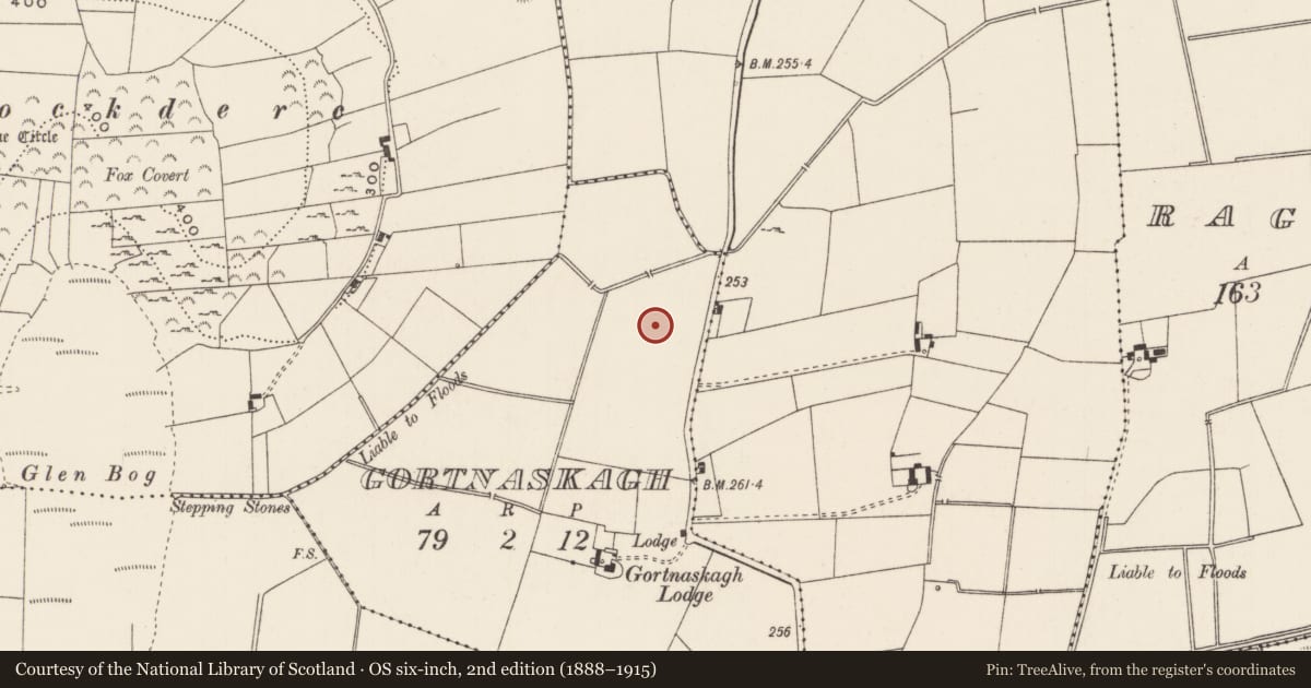 Ordnance Survey six-inch map, 2nd edition (1888–1915) covering the location of Enclosure, Gortnaskagh, County Limerick, with a pin at the register's coordinates
