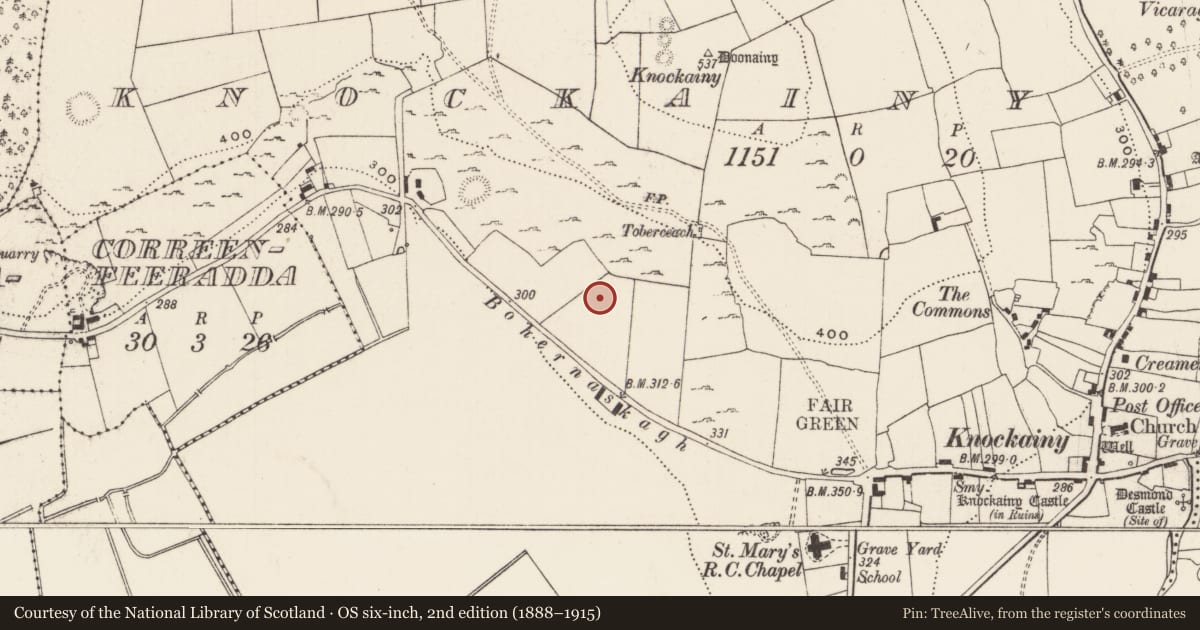 Ordnance Survey six-inch map, 2nd edition (1888–1915) covering the location of Enclosure, Knockainy West, County Limerick, with a pin at the register's coordinates
