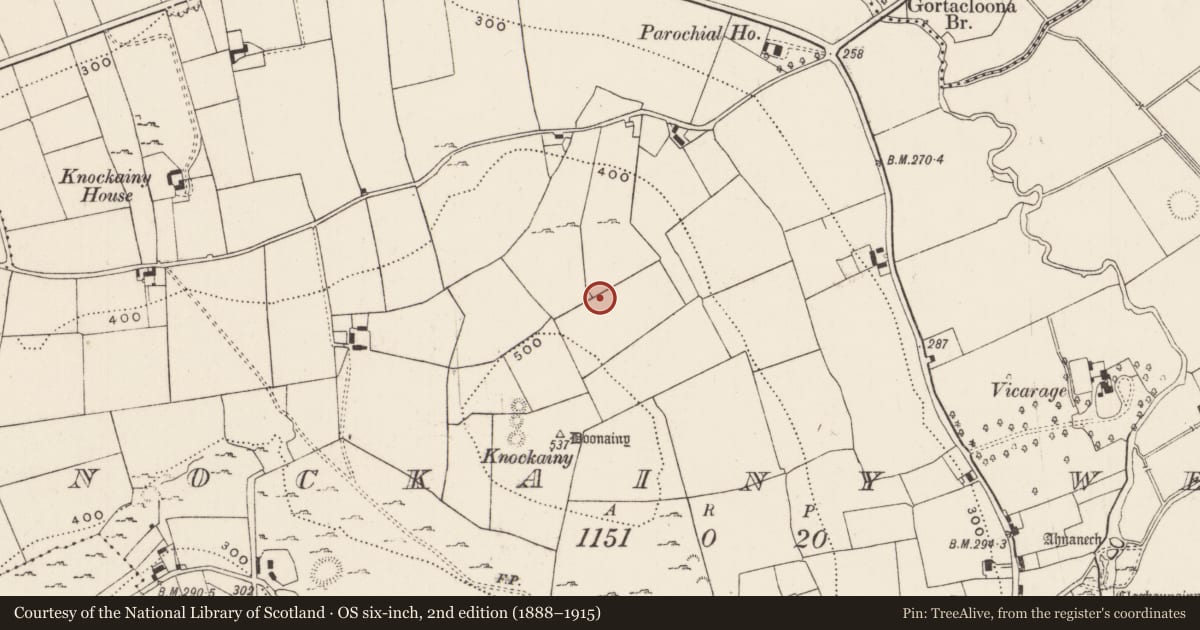 Ordnance Survey six-inch map, 2nd edition (1888–1915) covering the location of Hillfort, Knockainy West, County Limerick, with a pin at the register's coordinates