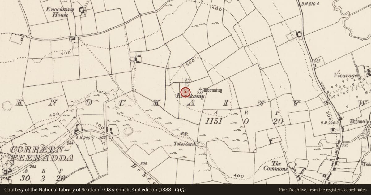 Ordnance Survey six-inch map, 2nd edition (1888–1915) covering the location of Barrow - ring-barrow, Knockainy West, County Limerick, with a pin at the register's coordinates