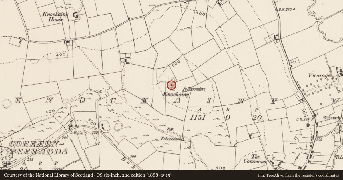 Ordnance Survey six-inch map, 2nd edition (1888–1915) covering the location of Barrow - ring-barrow, Knockainy West, County Limerick, with a pin at the register's coordinates