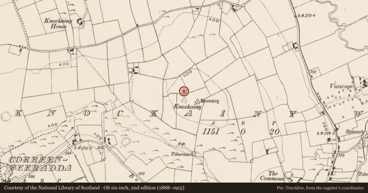 Ordnance Survey six-inch map, 2nd edition (1888–1915) covering the location of Barrow - ring-barrow, Knockainy West, County Limerick, with a pin at the register's coordinates